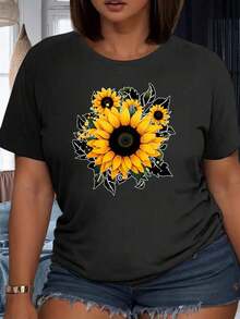 Women's Casual T-Shirt With Sunflower Floral Design, Fashionable Summer Top With Vibrant Yellow Flower Pattern And Green Leaves, Comfortable Cotton T-Shirt For Daily Wear And Parties, 220g, 100% Cotton, Women's Warm Clothing - 黑色 - 查看 1