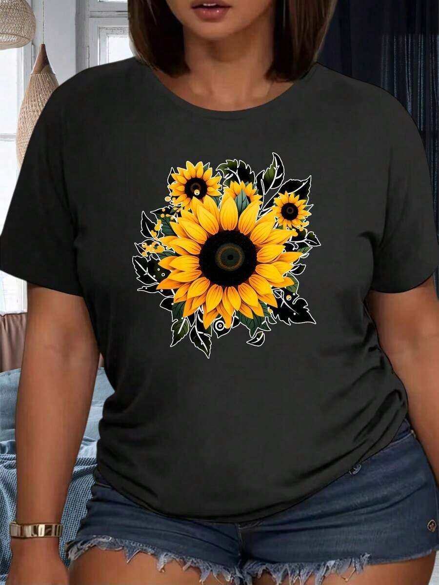 Women's Casual T-Shirt With Sunflower Floral Design, Fashionable Summer Top With Vibrant Yellow Flower Pattern And Green Leaves, Comfortable Cotton T-Shirt For Daily Wear And Parties, 220g, 100% Cotton, Women's Warm Clothing - 黑色 - 查看 1
