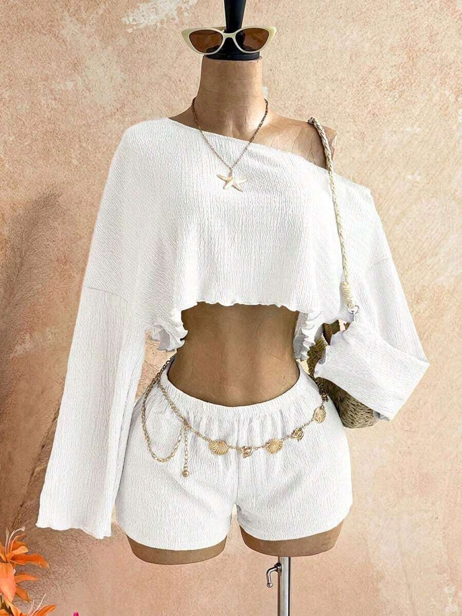 Casual 2-Piece Set Consisting Of A Cropped Top With An Irregular Neckline And Lettuce Hem, And Shorts, In A Solid Color, For Vacation, Spring/Summer - 白色的 - 查看 1
