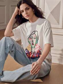 Camiseta blanca de manga corta con gráfico de retrato de arte lineal colorido, verano Cuello Redondo Algodón 100% Tejido Suave Manga Corta - Blanco - Ver 6