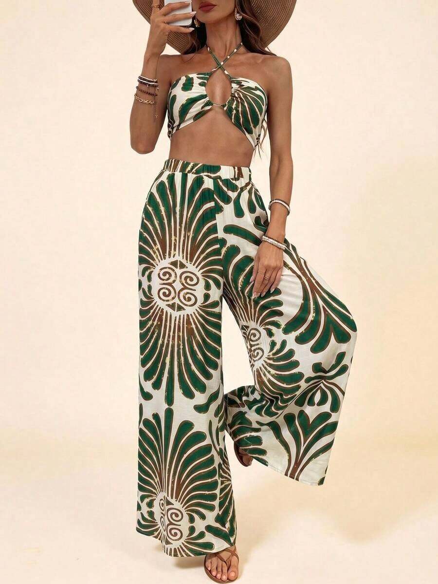 Conjunto de 2 piezas para mujer con top corto de cuello halter estampado tejido y pantalones de pierna ancha de cintura alta - Verde - Ver 1