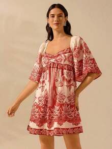 Vestido corto casual de mujer de estilo boho con estampado de plantas tropicales verdes, cuello asimétrico y mangas acampanadas, vestido de verano para vacaciones - Rojo - Ver 5