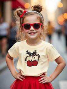 Graphic T-Shirt For Kids, Girls' Clothing, Boys' Clothing, Cherry With Leopard Print Bow, Suitable For Everyday Wear, Street Style, Outings, Home, Holidays, Back To School, Spring And Summer - 杏色 - 查看 1