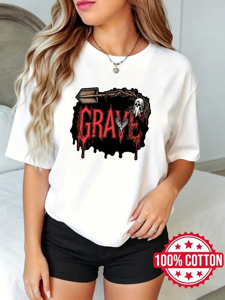 Women's Short Sleeve T-Shirt With Round Neck And Print, Summer, Casual Style, Skull Dripping Blood Shovel, S-3XL, 100% Cotton Material - 白色 - 查看 1