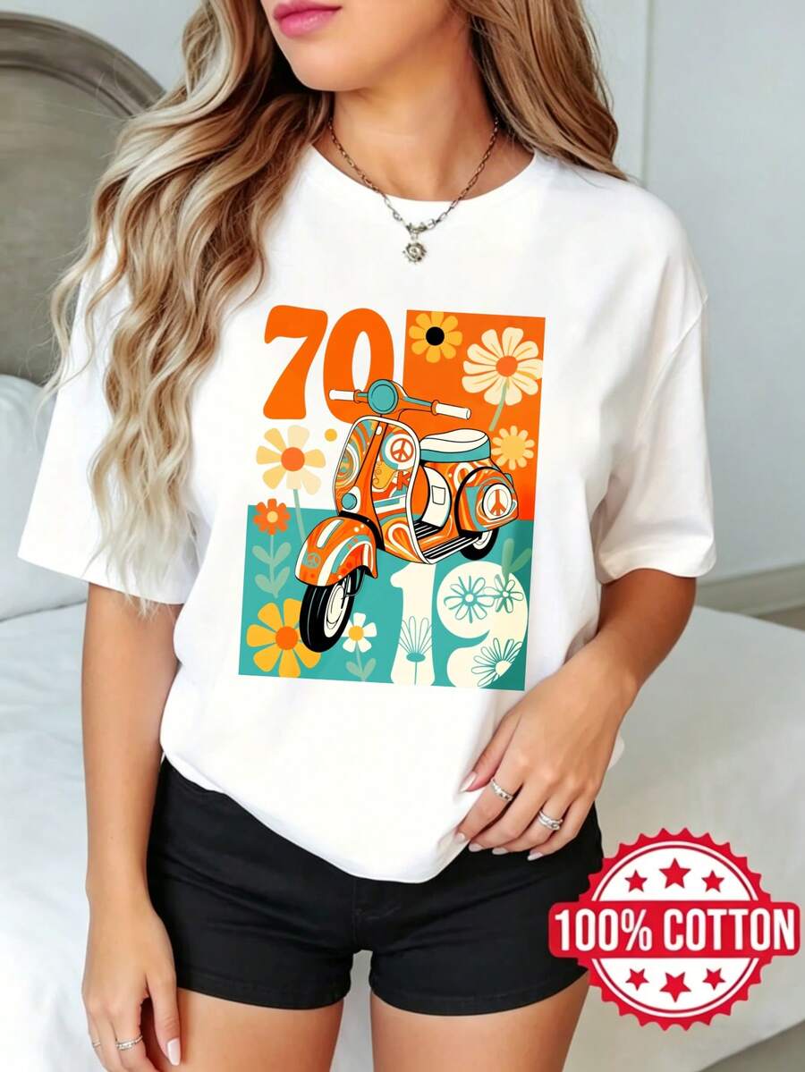 Camiseta estamp de manga corta y cuello redondo para mujer, verano, estilo casual Scooter Flores Números Diseño Retro S-3XL 100% aodón material