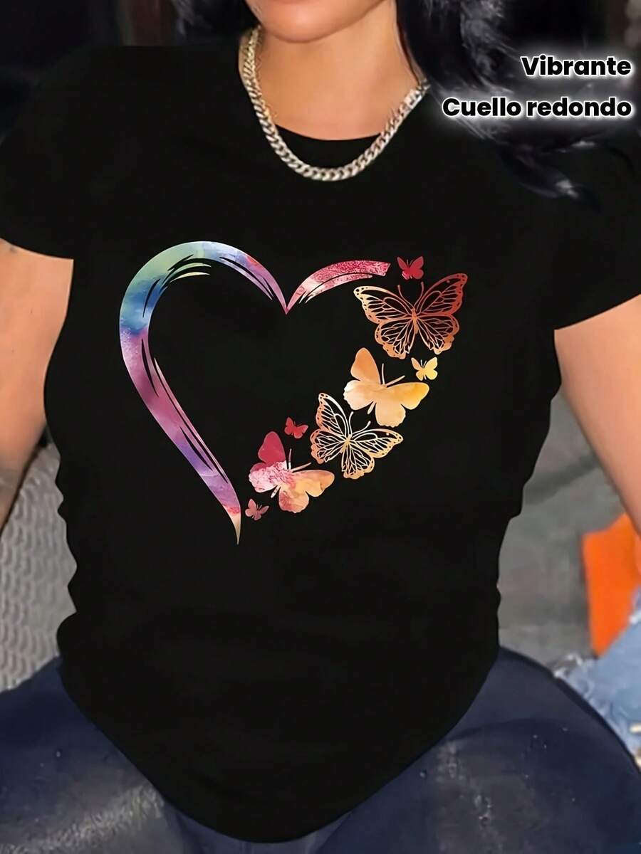 Camiseta Elegante de Talla para Mujer con Estampado de Corazón y Mariposa - Diseño Multicolor Vibrante, Cuello Redondo, Lavable aáquina, Top Casual de Primavera Verano Otoño, Camisas Opacas - Negro - Ver 1