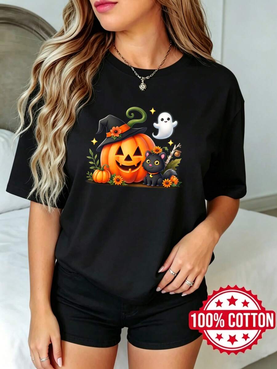 Camiseta negra de manga corta con cuello redondo y estampado para dama de verano Calabaza Fa Gato Sombrero de bruja S-3XL moda 100% aodón material