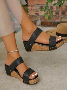 Korean Style Peep-Toe High Heel Slippers For Women, Summer Thick Bottom Waterproof Platform Chunky Heel Rivet Crossed Velvet Wedge Sandals - Black - View 3