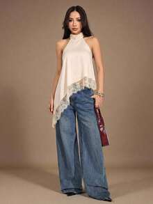 Top halter con escote trasero, bajo asimétrico y parches de encaje, sexy para el verano - Albaricoque - Ver 9