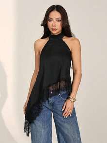 Top halter con escote trasero, bajo asimétrico y parches de encaje, sexy para el verano - Negro - Ver 10