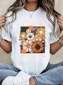 Camiseta Moderna y Minimalista para Mujer, con Estampado Floral "Menos de mí, más de él", Camiseta Gráfica Casual de Verano para Uso Diario y Salidas - Blanco - Ver 1