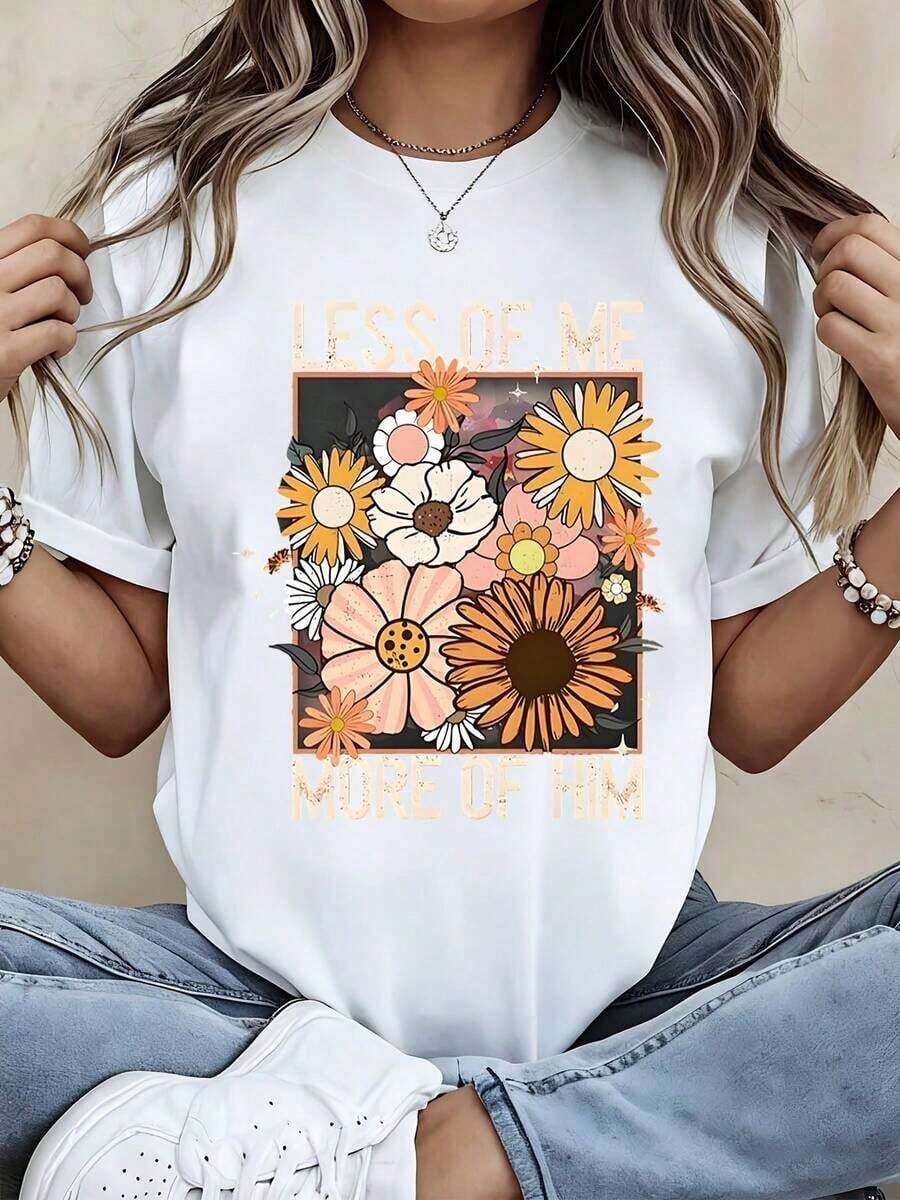 Camiseta Moderna y Minimalista para Mujer, con Estampado Floral "Menos de mí, más de él", Camiseta Gráfica Casual de Verano para Uso Diario y Salidas - Blanco - Ver 1