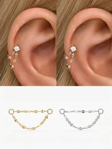 IN Z 1 chiếc khuyên tai bạc 925 Sterling Silver, kiểu 4 chấu, mặt phẳng - Khuyên tai xỏ lỗ môi, dây chuyền charm - Khuyên tai sụn tai, khuyên tai xoắn ốc, trang sức cao cấp - Dành cho nữ đeo hàng ngày, dự tiệc cưới, lễ đính hôn, kỷ niệm, ngày Valentine (Bán lẻ 1 chiếc) - Khuyên tai bốn chấu + dây đeo môi - Xem 1