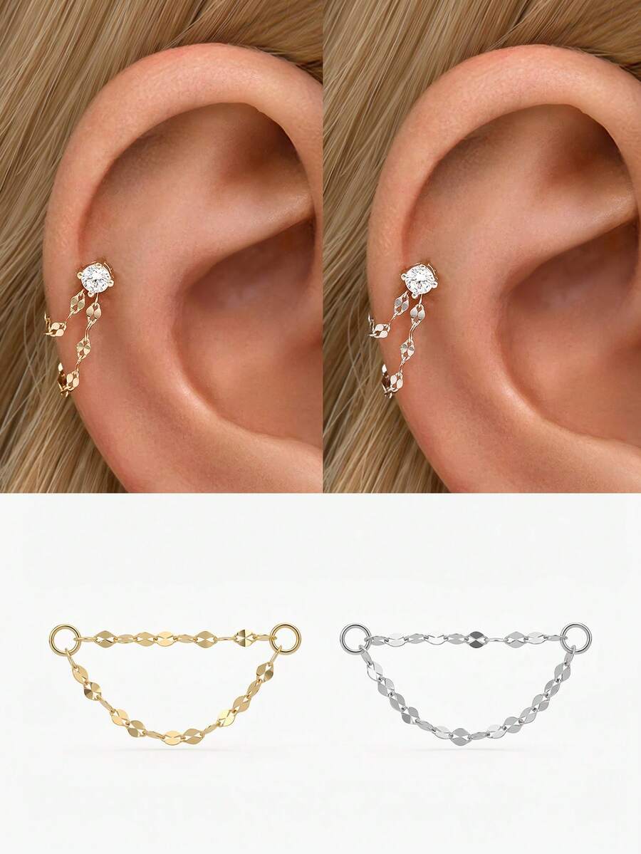 IN Z 1 chiếc khuyên tai bạc 925 Sterling Silver, kiểu 4 chấu, mặt phẳng - Khuyên tai xỏ lỗ môi, dây chuyền charm - Khuyên tai sụn tai, khuyên tai xoắn ốc, trang sức cao cấp - Dành cho nữ đeo hàng ngày, dự tiệc cưới, lễ đính hôn, kỷ niệm, ngày Valentine (Bán lẻ 1 chiếc) - Khuyên tai bốn chấu + dây đeo môi - Xem 1