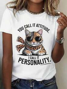 Women Funny You Call It Attitude Cat T-Shirt White Crew Neck Short Sleeve Top With Bold Quote Lightweight Summer Casual Party Tee Machine Washableblusas para mujer,blusas casuales para dama,tops,, mujer premium,y2k,playeras de mujer curvy,ofertas y liquidaciones ropa mujer,playeras deportivas para mujer,,playeras de hombre, mujer,blusas>elegante 0ATO 100% Cotton Blusas Bonito - Blanco - Ver 8