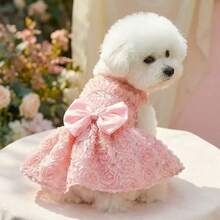 1件寵物狗裙,適合小型/中型犬和貓,狗衣服,適合日常使用和生日派對,粉色3D玫瑰花,精緻腰部蝴蝶結 - 粉色 - 查看 10
