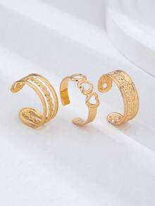 3 Pcs Gold Plated Toe Rings Set For Women, Light Weight Adjustable Stackable Open Toe Ring With Floral & Twist Details, Summer Beach & Vacation Foot Jewelry - Gold - View 2