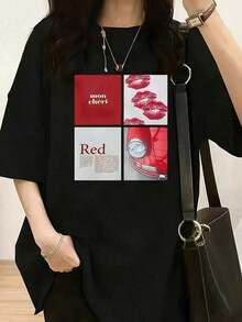 1 Piece Of Women's Casual T-Shirt, Loose Fit And Crew Neck - Black, With A Red Lips Print And The Word 'Red', A Comfortable Garment For All Seasons, Machine Washable, Designed With An Open Style And Includes Additional Accessories. Ideal For Casual Everyday Wear. 100% Cotton. - Unisex Short-Sleeved Cotton Crew Neck T-Shirt, Urban Vintage Style. - 黑色 - 查看 6