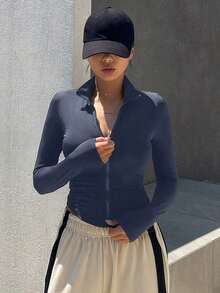 Chaqueta deportiva ajustada con cremallera delantera, nueva para otoño para mujer - Gris - Ver 4