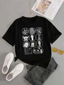 Women's Blouses, Pretty Blouses For Women, Women's Clothing, Women's Outfits, Image 31 Minutos Black And White T-Shirt, Cartoon Character Print Pattern, High-Quality Cotton Print, Round Neck, Basic Loose Fit, Men's And Women's, Breathable, Versatile, Machine Washable, Comfortable, Everyday Casual Sporty Summer Essential - 黑色 - 查看 4