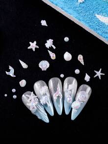 12件裝美人魚白色海洋貝殼海星珍珠海螺全息極光美甲飾品 樹脂美甲DIY裝飾配件 - 彩色 - 查看 4