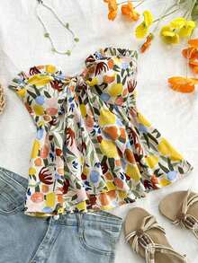 Top sin tirantes con nudo delantero y detalle de volantes con estampado de frutas color albaricoque, azul y amarillo para vacaciones de verano y tiempo libre con diseño fruncido en la parte posterior - Multicolor 2 - Ver 6