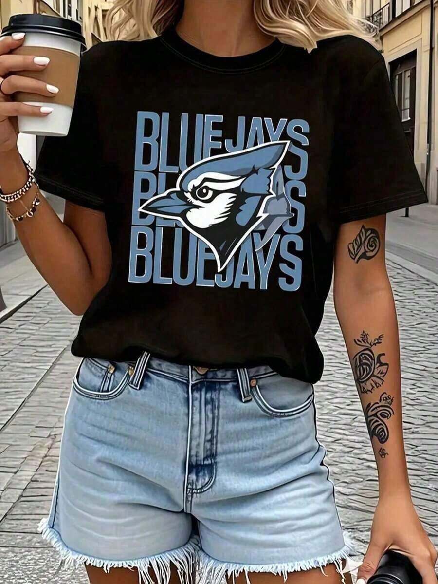 Nuevos Conjuntos Casuales de Verano para Mujer, Camiseta Casual de Algodón 100% con Estampado de Pájaros Azules para Mujer - Manga Corta, Colección Primavera/Verano, Perfecta para Atuendos Casuales, Top Casual de Verano | Top con Estampado de Aves | Camiseta Ligera de Verano para Mujer - Estilo Urbano Vintage, Unisex, Holgada, de Algodón, Manga Corta, Cuello Redondo - Negro - Ver 1