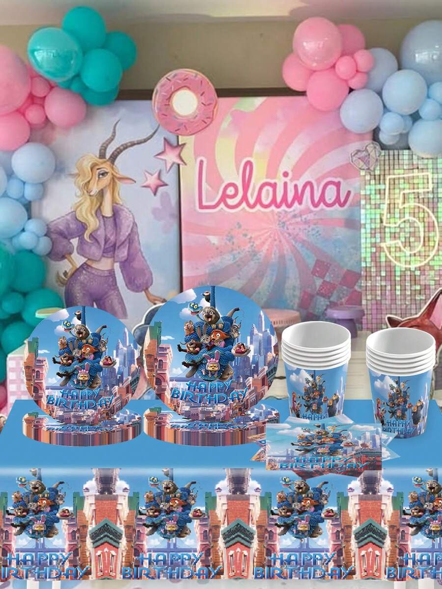 Disney Set Peralatan Makan Sekali Pakai Bertema Zootopia Lengkap ini Menampilkan Cetakan Karakter Pemandangan Kota Penuh, Menghadirkan Suasana Tematik yang Mendalam untuk Acara Pesta Anda. Set ini Termasuk Piring Kertas, Gelas Kertas, dan Taplak Meja Bermotif. - Peralatan makan - View 1