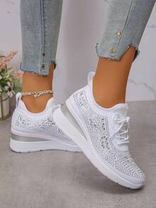 Women's New Sports Style Lace-Up Rhinestone Outdoor Wedge Thick Bottom Casual Sneakers, Breathable Comfortable Running Shoes, Outdoor Travel Shoes, Suitable For All Seasons,Indoor Chunky Heels, Casual Sports Shoes For Commuting To Work - 白色 - 查看 7