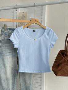 Camiseta ajustada de mujer de cuello de pico, manga raglán, color azul claro, estilo minimalista casual, 95% algodón - Celeste - Ver 8
