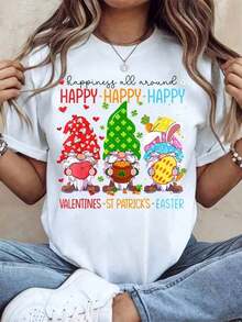 Women's Clothing: Women's Round Neck T-Shirt With Happy Gnomes Print, Valentine's Day, St. Patrick's Day, Easter, Short Sleeve, Casual, For Spring Celebrations, Women's Shirts - 白色 - 查看 6