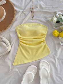 Top tubo de mujer para vacaciones color rosa claro vintage con bajo asimétrico, abertura lateral fruncida, ajustado, sexy para fiesta, cita de San Valentín, té de la tarde, vacaciones urbanas - Amarillo - Ver 4