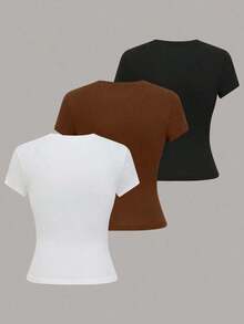 Camiseta casual de mujer de manga corta de unicolor, versátil - Multicolor 5 - Ver 2