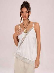 Camiseta de tirantes asimétrica con entramado de encaje transparente - Beis - Ver 6