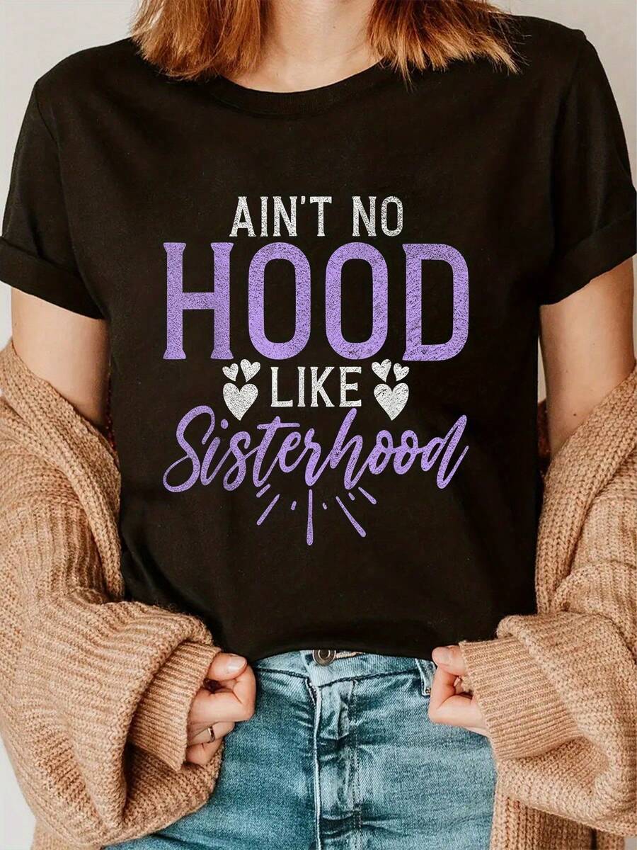 Talla grande, talla grande - Camiseta gráfica vintage de hermandad para mujer y hombre "Ain't No Hood Like Sisterhood" con letras mors y diseño de corazón, camiseta negra casual de manga corta con morado y rosa, tela de elasticidad media, cuello redondo, para todas las estaciones