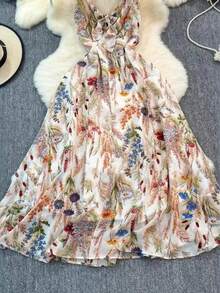 Women's Floral Midi Dress, Halter Neck With Bow And Ruffles, Romantic Style For Spring-Summer - 杏色 - 查看 2