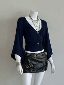 Camiseta ajustada con cuello en V profundo y mangas acampanadas sexy - azul real - Ver 7