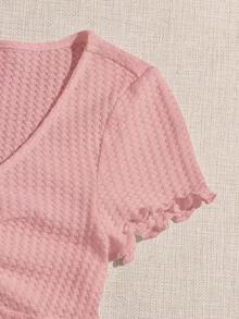 Camiseta tejida con nudo delantero ribete en forma de lechuga - Rosa Pálido - Ver 5