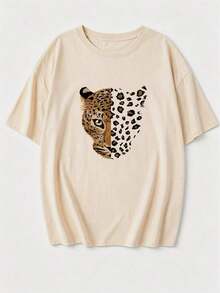 Nueva blusa de verano con estampado de cara de leopardo vintage, cuello redondo, teñido anudado y manga corta. Elegante y versátil para mujer. (Estilo retro, estilo fresco, estilo dulce, unisex) - Albaricoque - Ver 4