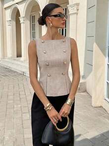 Blusa elegante sin mangas con cintura ceñida para uso diario, verano - Marrón - Ver 6