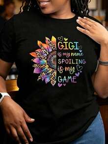 1 Piece Women's T-Shirt With "Gigi Is My Name", "Spoiling Is My Game", Rainbow, Sunflower And Leopard Print Design, For Gift To Grandma Or Family, Casual Wear, 180g, 100% Cotton - 黑色 - 查看 4