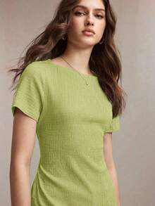 llegado de primavera/verano Camiseta de cuello barco en marfil, diseño de ribete en contraste negro, tejido texturizado, lazo de cintura ajustable, versátil para oficina, viajes, negocios, eventos sociales, formales, Día de la Madre, fiestas - Verde - Ver 7