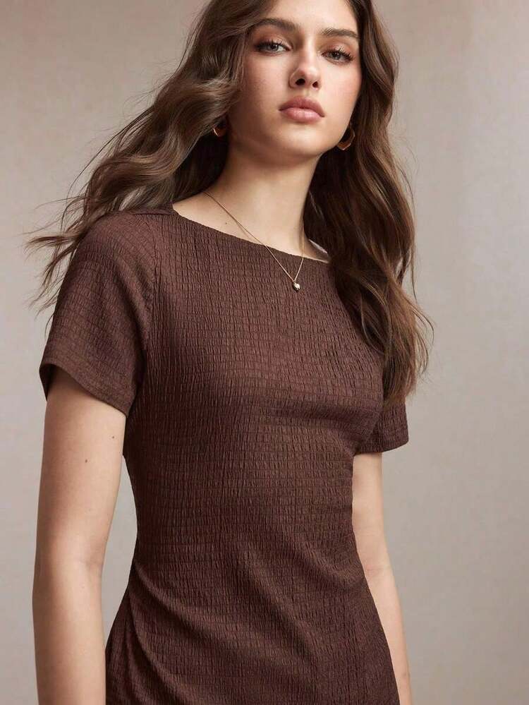 Nueva camiseta de punto texturizada con cuello de barco color café con leche, diseño de lazo ajustable en la cintura, versátil para la oficina, el transporte, los negocios, las ocasiones sociales, estilo Y2K - Caqui - Añade 7