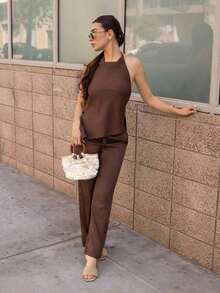 Conjunto de top de cuello de halter y pantalones de aspecto de lino vintage para viajeros - Marrón - Ver 4