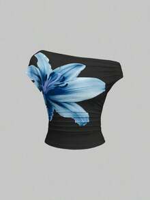 Blusa elegante de mujer con estampado floral y cuello asimétrico fruncido - Azul - Ver 7