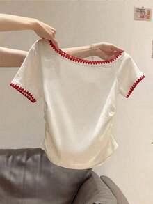 Camiseta de manga corta casual de cuello redondo con bloques de color para mujer - Blanco - Ver 1