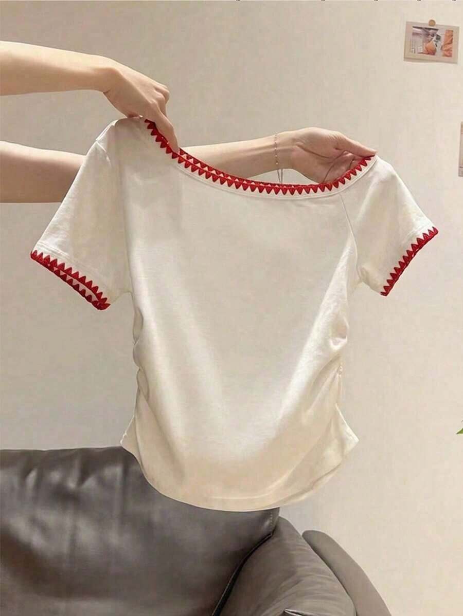 Camiseta de manga corta casual de cuello redondo con bloques de color para mujer - Blanco - Ver 1