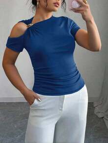 Camiseta de mujer de talla grande con decoración metálica y hombros descubiertos, para verano - Azul - Ver 4