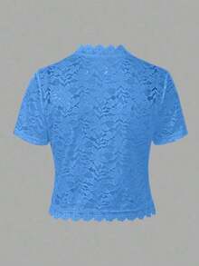 Chaqueta casual de verano para mujer, de unicolor, con parches de encaje en la parte delantera abierta, para ropa de fiesta de vacaciones - Azul lavado oscuro - Ver 2