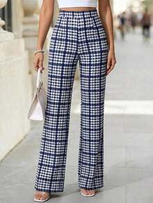 Pantalones elásticos de punto con estampado de cuadros elegantes para mujer, adecuados para varias ocasiones, como vacaciones de verano, viajes elegantes y uso diario - Azul y blanco - Ver 4